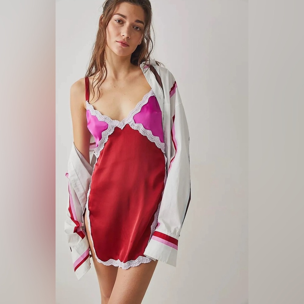 Free People Red & Pink Satin Lace-Trim Slip Chemise